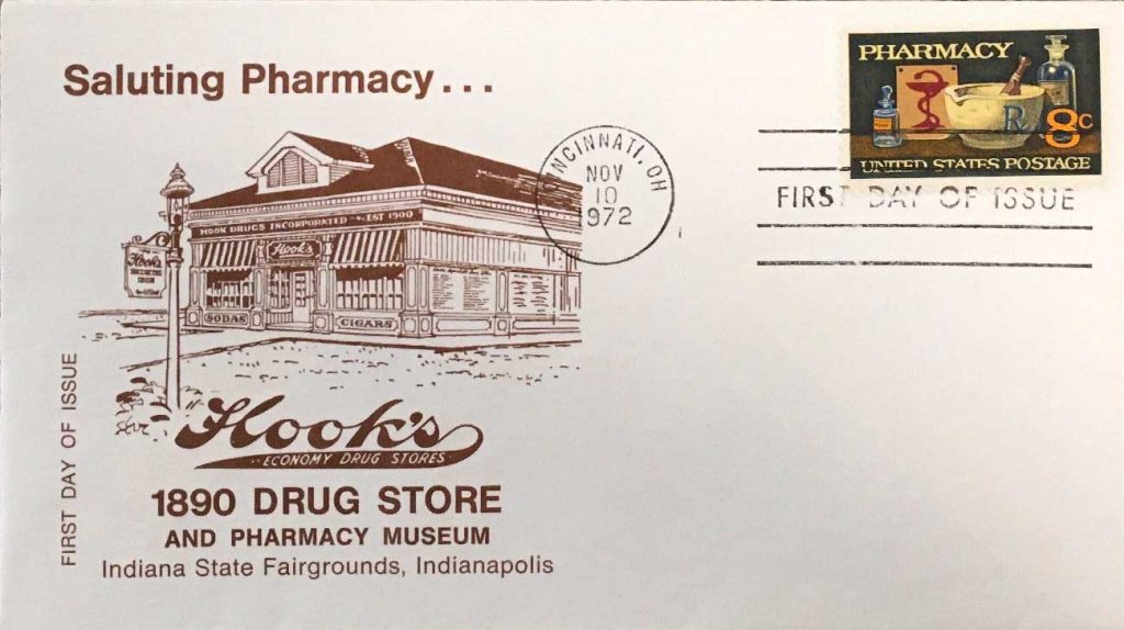 Hook’s 1890 Drug Store and Pharmacy Museum is featured on this brown cachet, “Saluting Pharmacy.” The museum is located on the Indiana State Fairgrounds.