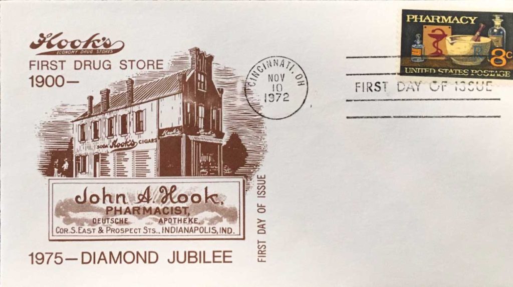 Hook’s Drug Stores of Indianapolis, Indiana, issued a brown cachet commemorating the first Hook’s pharmacy, founded in 1900.