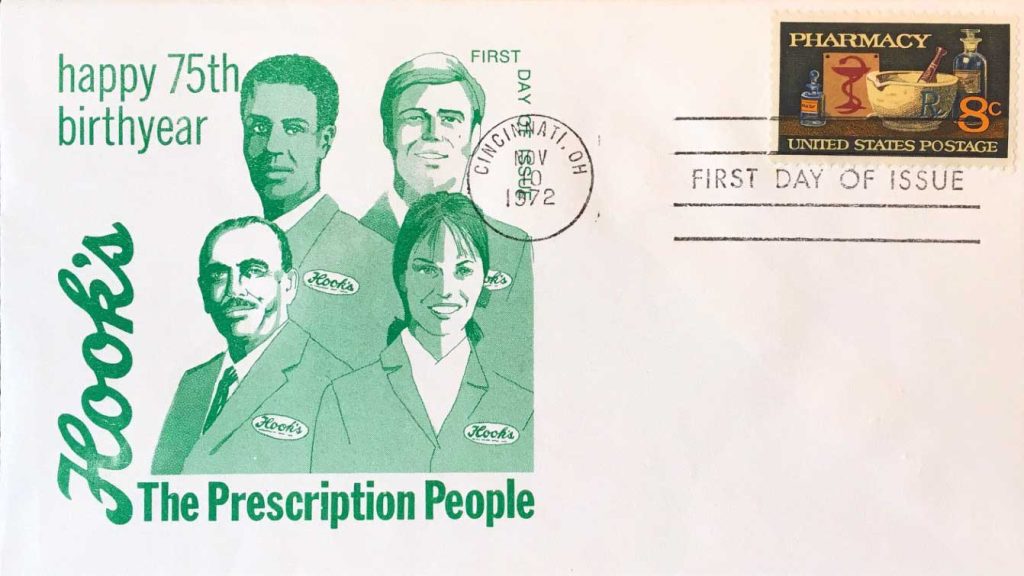 Hook’s Drug Stores added this green cachet recognizing the chain’s 75th anniversary.
